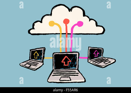 Illustrazione di computer portatili connessi al cloud contro sfondo blu Foto Stock