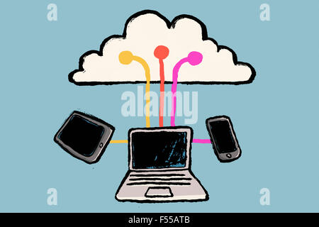 Illustrazione delle tecnologie connesse al cloud contro sfondo blu Foto Stock