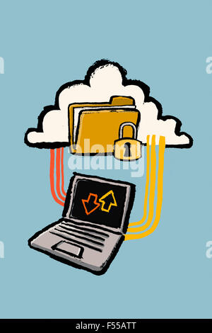 Illustrazione del laptop collegato al cloud computing con la cartella protetta contro sfondo blu Foto Stock