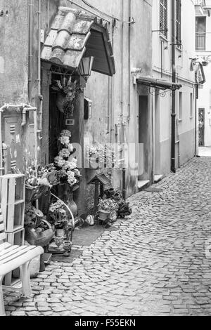 Nice village street con fiori in Italia vicino Roma Foto Stock