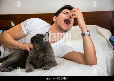 Giovane uomo rilassante sul letto Petting grigio gatto peloso e starnuti da allergie - Uomo sdraiato con Pet Cat e avente R allergica Foto Stock
