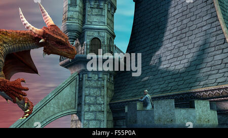 Dragon di attaccare il castello e combattere con un Elfo Foto Stock