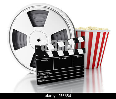 3D renderer immagine. Cinema battaglio bordo, bobina di Film e popcorn. concetto di cinematografia. Isolato sfondo bianco Foto Stock