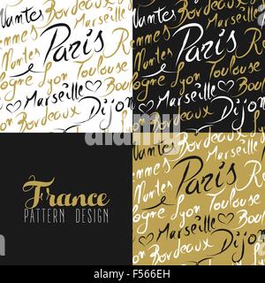 Viaggiare in Francia Europa celebri città con la calligrafia fatti a mano. La città di Parigi, Lione, Tolosa, Marsiglia, Bordeaux. Modello senza giunture Illustrazione Vettoriale