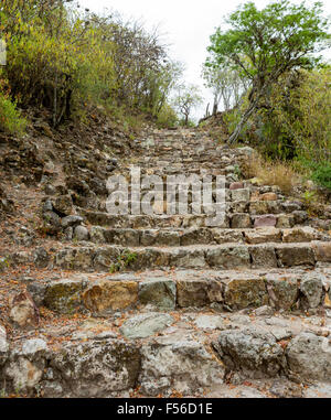 Scale di accesso di Yagul sito archeologico, Oaxaca, Messico Foto Stock