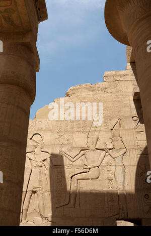 Vista attraverso hypostyle hall presso il Ramesseum, Tempio mortuario di Ramesse II sulla riva occidentale del Nilo a Luxor, Egitto Foto Stock