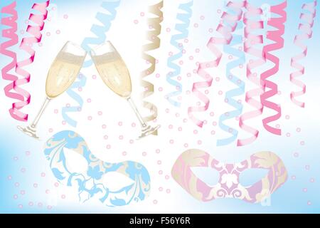 Carnevale - scheda con due bicchieri di champagne, maschere, nastri e coriandoli su luce-Sfondo blu - EPS 10 vettori Illustrazione Vettoriale