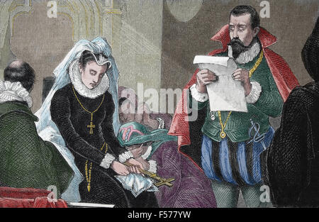 Regina di Scozia Maria Stuart (1542-1587). La condanna di morte. Incisione di P. Sporrer. Almanacco. L'illustrazione, 1880, Spagna. Foto Stock