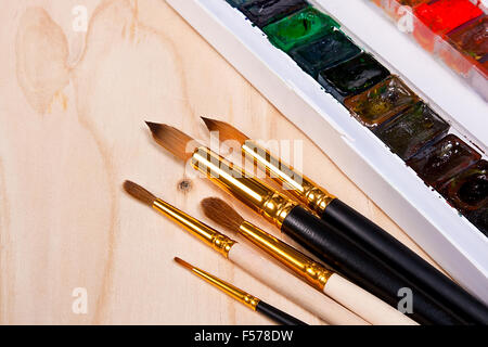 Vista ravvicinata della professional aquarelle vernici in scatola con spazzole su sfondo di legno. Foto Stock