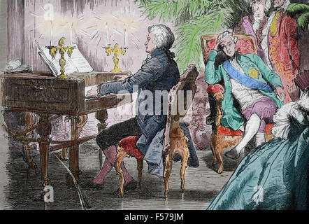 Mozart (1756-1791) suonare il pianoforte con la famiglia imperiale (Giuseppe II, Imperatore del Sacro Romano Impero). Vienna. Incisione di A. Closs. Foto Stock