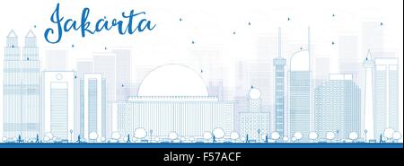 Profilo dello skyline di Jakarta con punti di riferimento di colore blu. Illustrazione Vettoriale. Viaggi di affari e turismo concetto con edifici storici. Illustrazione Vettoriale