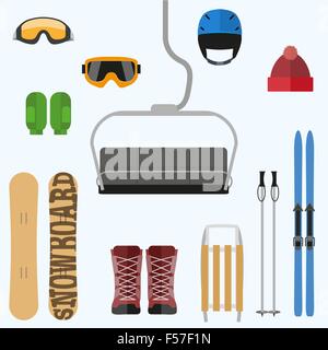 Set di design piatto elementi su sport invernali del tema. Vettore Illustrazione Vettoriale