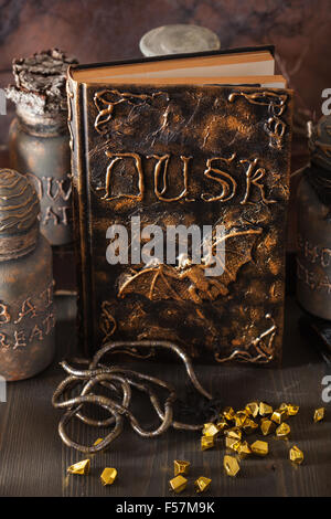 Libro magico strega vasi di farmacia pozioni di Decorazione Halloween Foto Stock