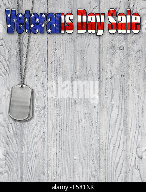 Bandiera patriottica veterani giorno Vendita segno con dog tags militari su grigio weathered legno. Foto Stock