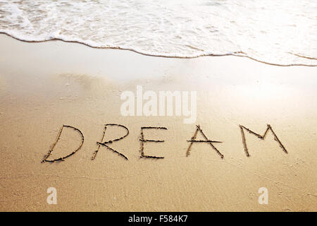 Dream - parola scritta sulla spiaggia Foto Stock