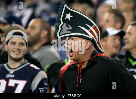 Foxborough, Massachusetts, STATI UNITI D'AMERICA. 29 ott 2015. Una ventola di patrioti a Gillette Stadium di Foxborough, Massachusetts il 29 ottobre 2015. Credito: ZUMA Premere Inc/Alamy Live News Foto Stock