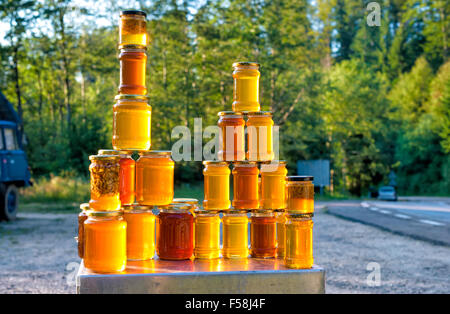 Miele artigianale sulla strada del mercato in rumeno di montagne Foto Stock