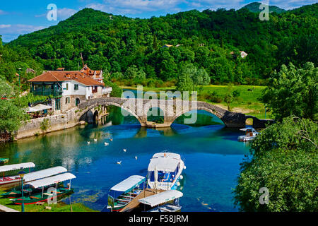 Montenegro, il Lago di Scutari Parco Nazionale, villaggio di Rijeka Crnojevica, lo Stari Most, Ponte Vecchio Foto Stock