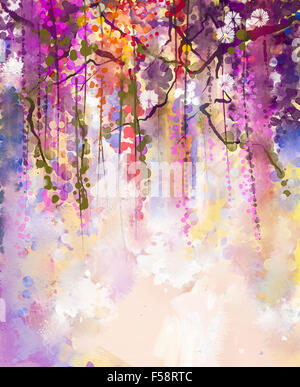 Fiori astratti pittura ad acquerello. La molla fiori viola glicine con sfondo bokeh di fondo Foto Stock
