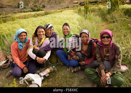 India, Himachal Pradesh, Spiti Valley, Losar village, un gruppo di donne locali tenendo pausa dal lavoro nei campi Foto Stock