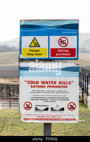 Segnale di avvertimento in corrispondenza di Butterley serbatoio, vicino a Marsden, West Yorkshire, Inghilterra Foto Stock