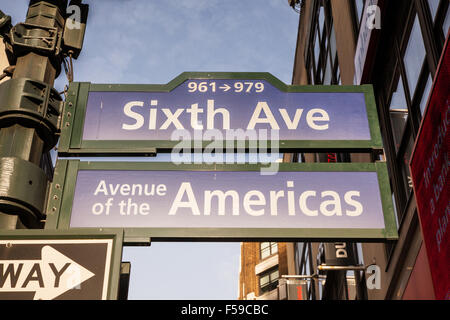 Sesta 6th Avenue, Avenue of the Americas strada segno, Manhattan, New York City, Stati Uniti d'America. Foto Stock