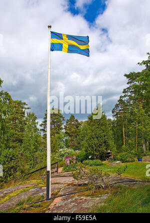 Bandiera in svedese paesaggio pastorale su una soleggiata giornata estiva in giugno a Varmland, Svezia. Foto Stock