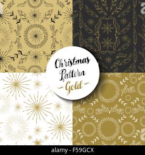 Buon Natale seamless pattern impostato della fantasia golden vintage design: natura, fuochi d'artificio esplosione ed elementi boho. Illustrazione Vettoriale