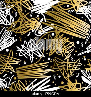 Fancy golden retrò 80s fashion seamless pattern scarabocchio astratto, doodle lo sfondo dell'illustrazione. Ideale per il biglietto di auguri Illustrazione Vettoriale
