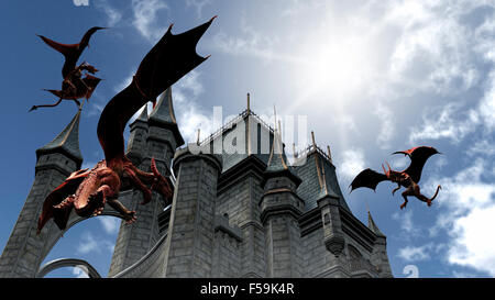 Illustrazione di tre draghi rosso di attaccare il castello Foto Stock
