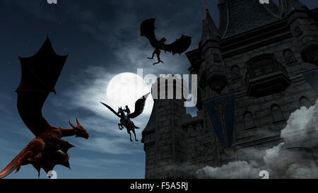 Illustrazione di due draghi rosso di attaccare il castello. Un elfo su Pegasus proteggerlo. Foto Stock