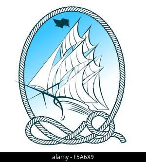 Nave a vela in corda telaio. Emblema nautico. Illustrazione Vettoriale