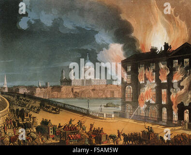 Incendio presso Albion mulini 3 marzo 1791. Stampa da 'Il microcosmo di Londra ha pubblicato nel 1808 che mostra l'incendio che distrusse il vapore-powered mulino di farina sul lato sud di Blackfriars Bridge di Londra, di fronte alla Cattedrale di St Paul. Foto Stock