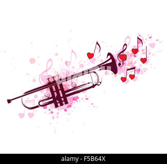 La musica romantica sfondo con tromba, note e cuori rossi Foto Stock