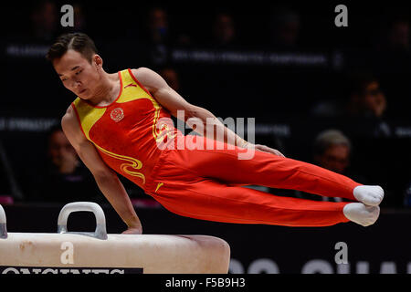 Glasgow, Regno Unito. 30 ott 2015. RUOTENG XIAO compete sul cavallo durante l'uomo tutto attorno alla finale del mondiale 2015 Campionati di ginnastica tenutasi a Glasgow, Regno Unito. © Amy Sanderson/ZUMA filo/Alamy Live News Foto Stock