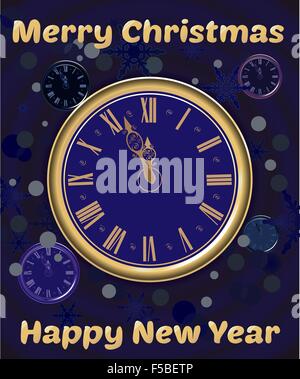 Natale orologi blu su sfondo di neve Illustrazione Vettoriale
