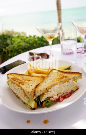 Le latitudini ristorante sul tramonto chiave, Key West, Florida, Stati Uniti d'America / Gourmet di tonno insalata di pesce panino con patatine fritte e bevande Foto Stock