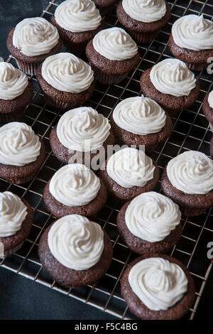 Mini tortini di cioccolato con crema di burro alla vaniglia glassa sul raffreddamento per rack Foto Stock