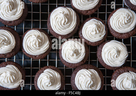 Mini tortini di cioccolato con crema di burro alla vaniglia glassa sul raffreddamento per rack Foto Stock