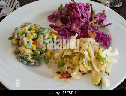 Nella foto sono tre tipi di insalata servita sul piatto bianco presso il ristorante. Foto Stock