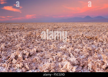 Una ruvida distesa di sale di vulcani in lontananza. Fotografato presso il Salar de Atacama nel deserto di Atacama, Cile settentrionale, a Foto Stock