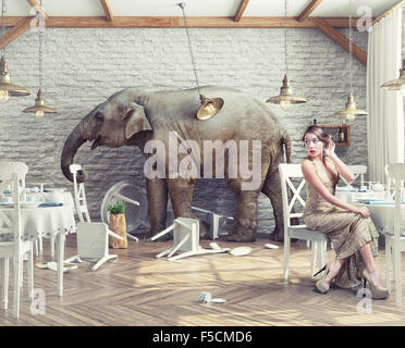 L'elefante calma in un ristorante interno. foto il concetto di combinazione Foto Stock