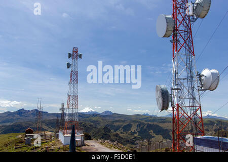 Le antenne di comunicazione sulla cresta delle Ande al di sopra di Papallacta in Ecuador che permette la comunicazione tra Quito e l'Amazzonia Foto Stock