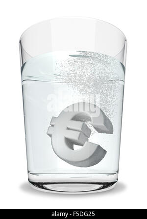 Euro seltzer / 3D render del simbolo euro frizza nel bicchiere di acqua Foto Stock