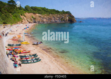 Porthpean Beach Cornwall Inghilterra vicino a St Austell con il blu del mare su di una bellissima giornata estiva illustrazione come la pittura ad olio Foto Stock