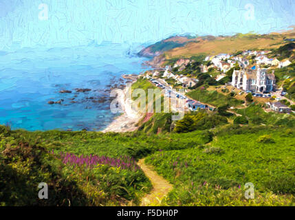 Costa sud-ovest vista villaggio Portwrinkle Whitsand Bay Cornwall Inghilterra UK, illustrazione come la pittura ad olio Foto Stock