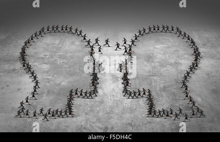 Il lavoro di squadra di leadership il concetto di business o un dipendente di frodo simbolo come un gruppo di imprenditori in esecuzione a forma di due teste riuniti insieme come un icona per la gestione delle risorse umane o economiche di strategia commerciale. Foto Stock