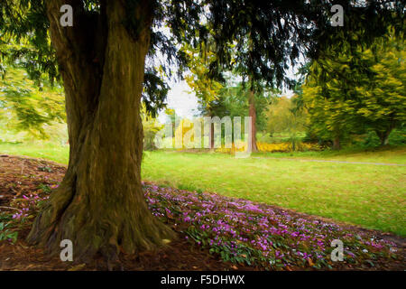 Fiori di colore rosa sotto un albero in un bellissimo parco all'inglese illustrazione come la pittura ad olio Foto Stock