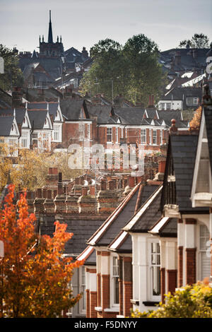 Colore di autunno negli alberi dei Duchi Avenue, una strada nella zona nord di Londra quartiere di Muswell Hill. Foto Stock