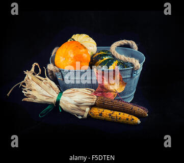 Abstract Autumn harvest sfondo con zucche e cadono le foglie su sfondo nero Foto Stock